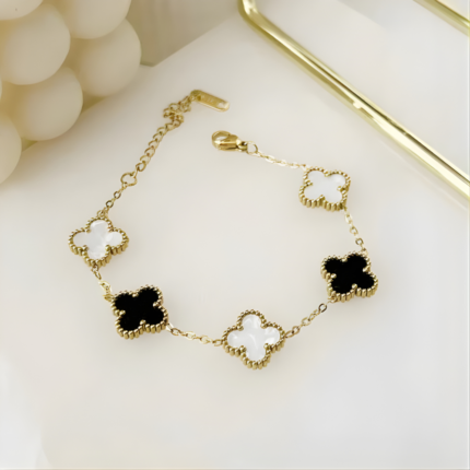 18K Gold Plated Anti-Tarnish Clover Charm Bracelet (Black and white)