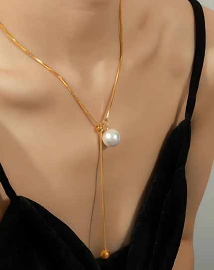 Lariat Necklace with Large Pearl & Sleek Drop Pendant | 18K Gold-Plated | Stainless Steel | Anti Tarnish