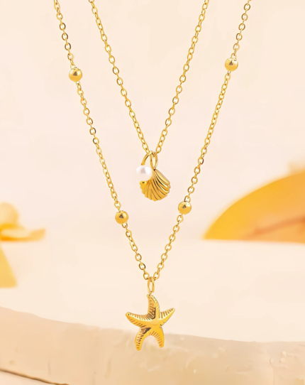 Double Layered Seashell & Starfish Pendant Necklace with Pearl Charm | Gold-Plated | Stainless Steel | Anti Tarnish