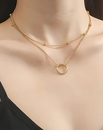 Layered Circle Pendant with golden Bead Necklace | 18K Gold-Plated | Stainless Steel | Anti Tarnish