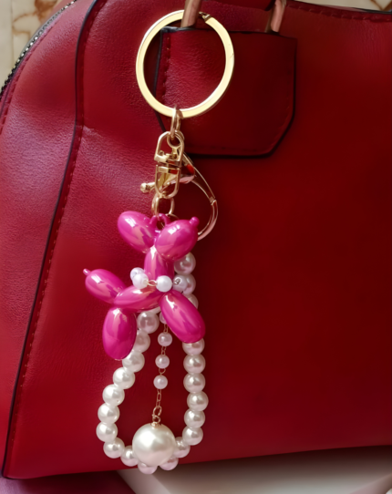 Korean Style Cartoon Puppy Beaded Key Chain Dark Pink