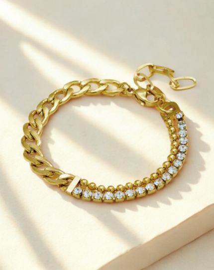 Stone Studded Miami Cuban Link Bracelet | 18K Gold-Plated | Stainless Steel | Anti Tarnish
