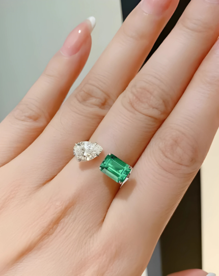 Dual-Stone Open Band Ring (Green & Clear Gemstone) | Gold-Plated | Stainless Steel | Anti Tarnish