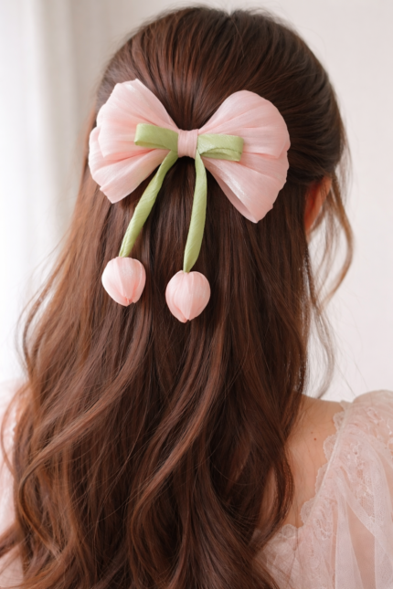 Korean Style Organza Bow Hair Clip with Tulip Drops (Pink)