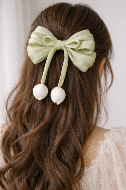Korean Style Organza Bow Hair Clip with Tulip Drops (Green)
