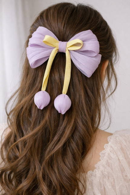 Korean Style Organza Bow Hair Clip with Tulip Drops (Purple)
